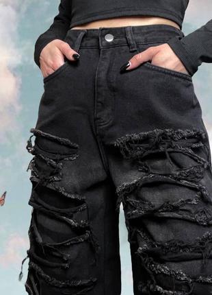 Новые широкие y2k джинсы с потертостями и дырками на высокой посадке из плотного денима6 фото