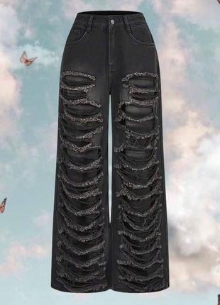Новые широкие y2k джинсы с потертостями и дырками на высокой посадке из плотного денима5 фото