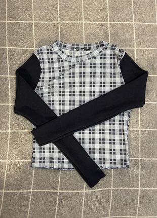 Кофта zara комбинированная сеточка в клетку и рубчик рукава