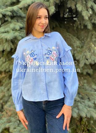 Блуза истра голубая, галерея льна, рубашка льняная 44-54рр.