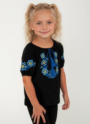 Чорна вишиванка для дівчинки 104-134, вишита блуза з коротким рукавом