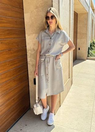 Платье миди свободного кроя на пуговицах с поясом с боковыми накладными карманами5 фото