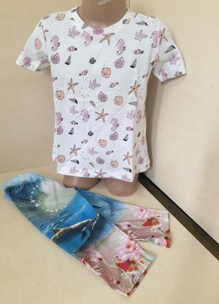 Літній костюм для дівчинки футболка подовжені шорти бриджі морський венгрия 110 116 1223 фото