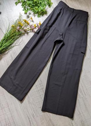 Широкие черные брюки палаццо штаны женские карго с карманами4 фото