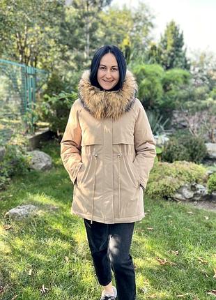 Стильная зимняя парка с натуральным мехом енота s-xxl