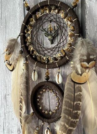 Ловец снов с натуральными камнями тигровый глаз и ракушками ручная работа