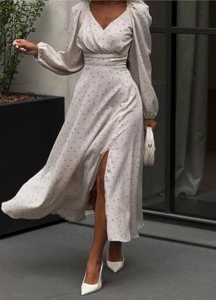 Женское длинное нарядное платье с вырезом на ноге и рукавом, софт с принтом в цветочек,4 фото
