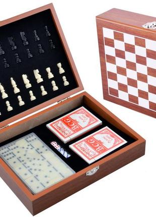 Игровой набор шахматы/домино/карты (2 колоды) /кости, деревянная коробка 2516d