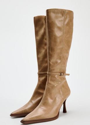 Высокие женские сапоги бежевые zara new