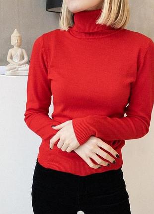 Базова стильна молодіжна тепла кашемірова водолазка з відворотом у наявності червоного кольору 50-52 розміру