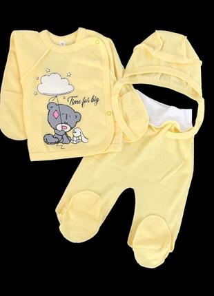 Комплект 3в1: сорочечка, повзунки, шапочка "teddy",  інтерлок тм “ua” (сорочечка з повзунками та шапочкою)