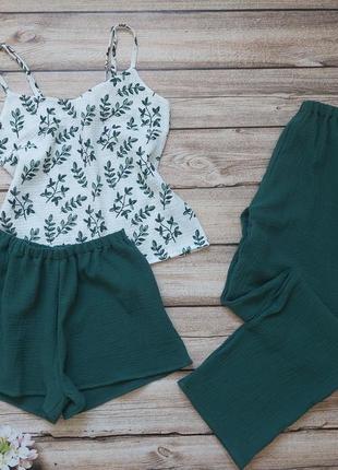 Муслінова піжама. зелена бавовняна піжамка 💚