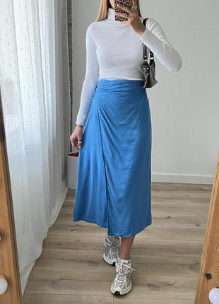 Лляна синя міді спідниця
