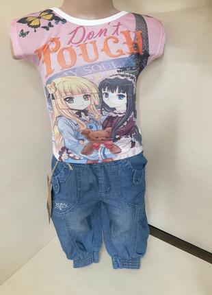 Летний костюм для девочки футболка джинсовые шорты анимэ 92 98 104 1109 фото