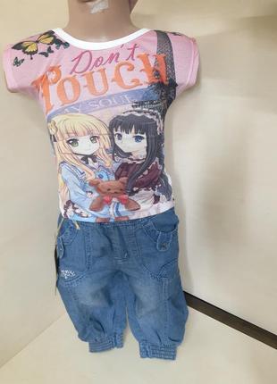 Летний костюм для девочки футболка джинсовые шорты анимэ 92 98 104 1106 фото