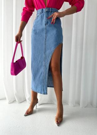 Жіноча джинсова спідниця з вирізом, з розрізом, блакитна юбка на високій посадці, пряма, джинс2 фото