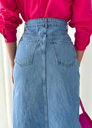 Жіноча джинсова спідниця з вирізом, з розрізом, блакитна юбка на високій посадці, пряма, джинс4 фото