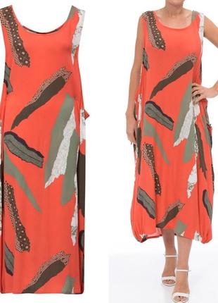 Платье оверсайз сарафан миди длинный 
коралловый цвет в принт абстракция от klass