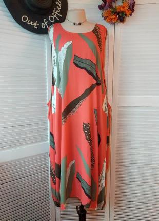 Платье оверсайз сарафан миди длинный 
коралловый цвет в принт абстракция от klass3 фото