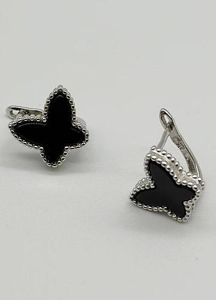 Серебряные серьги в стиле "van cleef  и  arpels" с ониксом