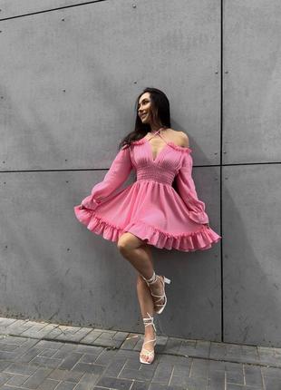 Жовта муслінова сукня до коліна 💞 жіночна сукня муслін 💕 стильна рожева сукня 💖 плаття з рюшами4 фото