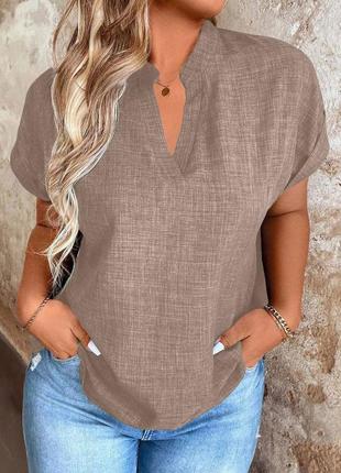 Жіноча стильна базова блуза з льону великі розміри5 фото