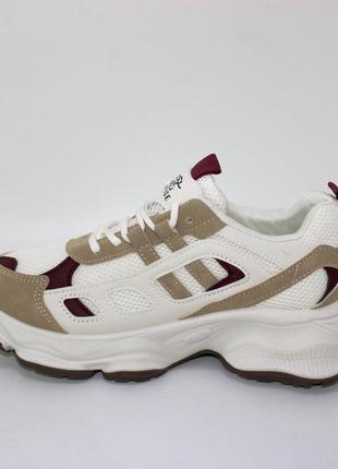 Жіночі бежеві кросівки нейлонова сітка зі шкіряними вставками на товстій дутій підошві. беж6 фото