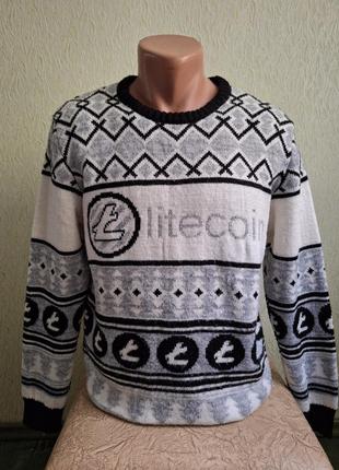 Litecoin. мужской шерстяной свитер. пуловер 50% шерсть. белый, серый, черный. орнамент.