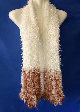 Шарф труба пушистый белый коричневый двойной вязаный