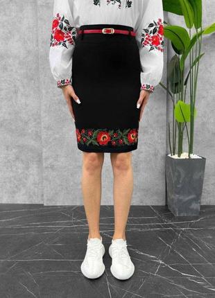 Черная женская юбка миди вышиванка юбка для девушки под вышиванку черная юбка с цветами вышиванка