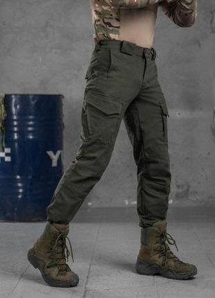 Штани оливкові штани колір хакі матеріал рипстоп чоловічі штани з еластичними вставками хлястики хакі1 фото