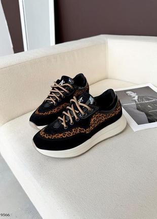 Женские кроссовки натуральная замша черная и леопардовый принт