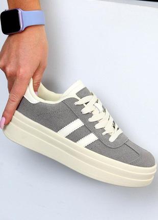 Кроссовки кеды натуральная кожа замша серые на высокой подошве платформе танкетке массивной