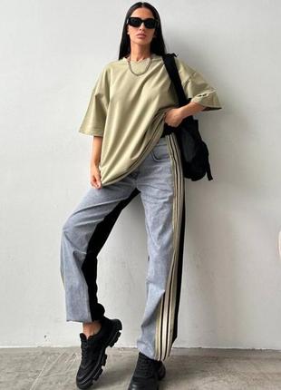 Костюм футболка + джинсы турция оверсайз туника штаны спортивные с лампасами джинсовые спортивный комплект белый фисташка черный серый