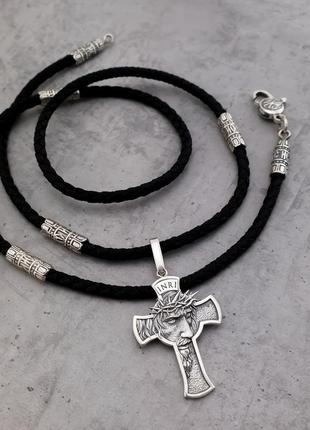 Срібний хрестик з цепочкою із шовку. хрест "образ" та шовковий шнурок зі срібними вставками і замком. 55 см