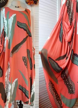Платье оверсайз сарафан миди длинный 
коралловый цвет в принт абстракция от klass4 фото