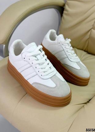 ▪️кросівки шкіряні платформа кеди снікерси висока танкетка в стилі adidas bold gazelle samba білі сірі натуральна шкіра