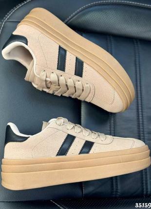 ▪️кроссовки на платформе кеды сникерсы высокая танкетка в стиле adidas bold gazelle samba бежевые рыжи нубук натуральный