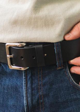 Классический черный кожаный мужской ремень ручной работы