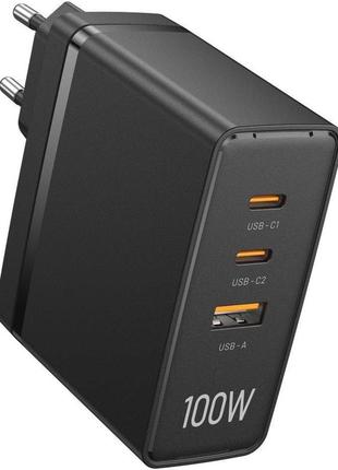 Зарядний мережевий пристрій vention ultra 3-port usb (c+c+a) gan 100 вт / 100 вт / 30 вт black (fegbo-eu)