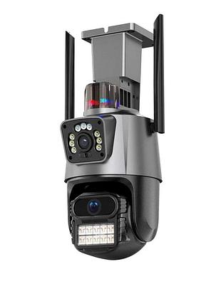 Уличная охранная поворотная wifi камера dual lens zoom 8mp сирена, зум, icsee удаленным