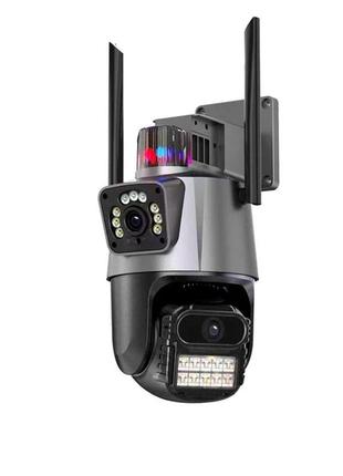Уличная охранная поворотная wifi камера dual lens zoom 8mp сирена, зум, icsee удаленным