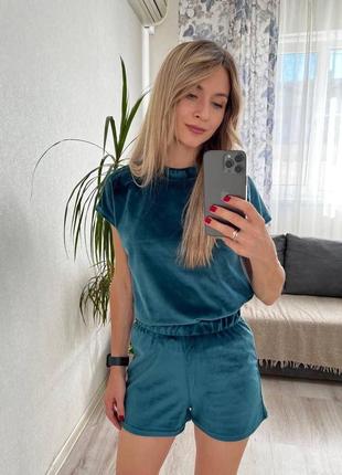 Женский домашний комплект тройка велюр изумруд (размеры 42/44, 46/48, 50/52, 54/56)