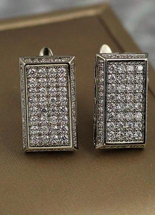 Серьги xuping jewelry прямоугольник запонки с камнями  1.7 см серебристые