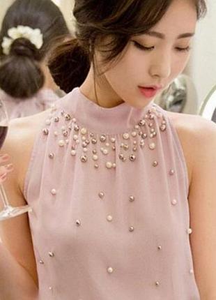 Літня жіноча шифонова блузка без рукавів з бісером, та перлинами розмір l