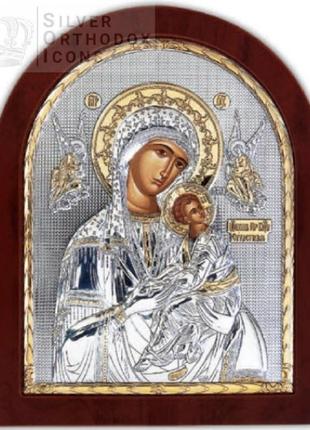Страстная икона божией матери 11х13см в серебряном окладе с позолотой
