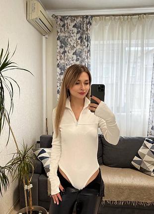 Стильный теплый боди женский с длинным рукавом из турецкого рубчика на флисе 42-48 белый3 фото