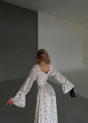 Роскошное женское легкое платье миди в цветочный принт, с разрезом и шнуровкой на спине4 фото