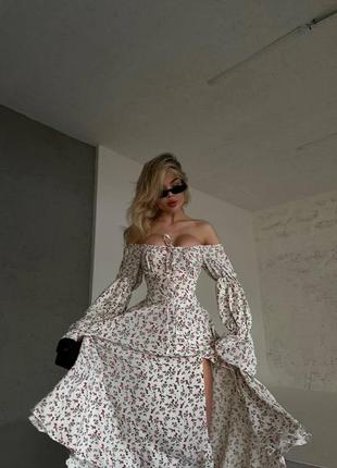 Розкішна жіноча легка сукня міді в квітковий принт, з розрізом та шнурівкою на спині3 фото