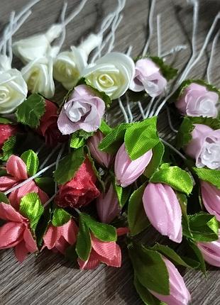 70 шт цветы из ткани с веточками, цветы для рукоделия